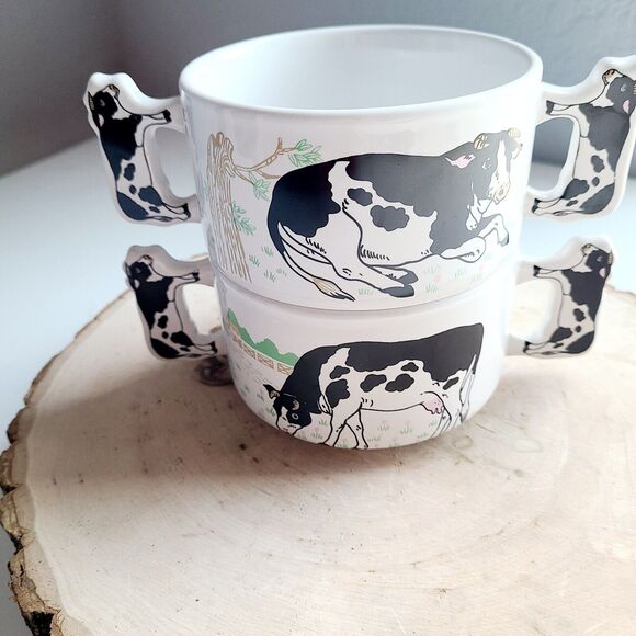Vtg Holstein Cows Calf Double Handle Soup Bowls Mugs Farmhouse Stackable - Picture 1 of 6